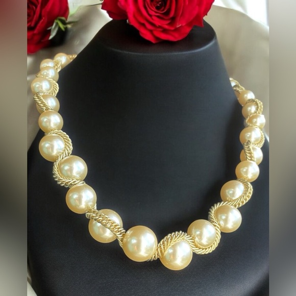 Kenneth J Lane Graduated Faux Pearls Wrapped in Gold Tone Double Chain Necklace - Picture 1 of 7